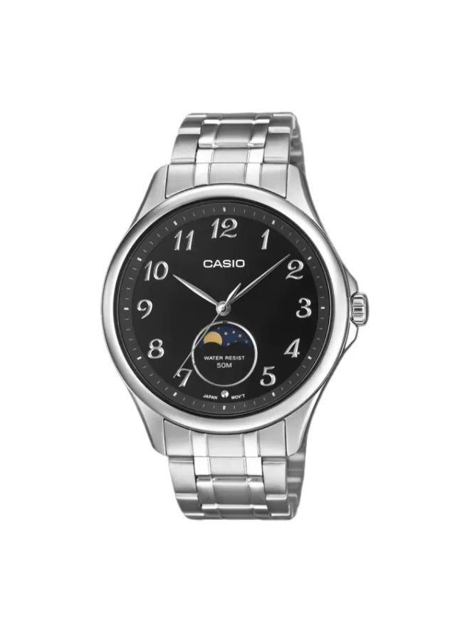كاسيو Analog Men’s Watch MTP-M110D-1AVDF, 42.5 mm Black Dial with Moon Phase, Silver Stainless Steel Bracelet, 50 m WR - Image 2